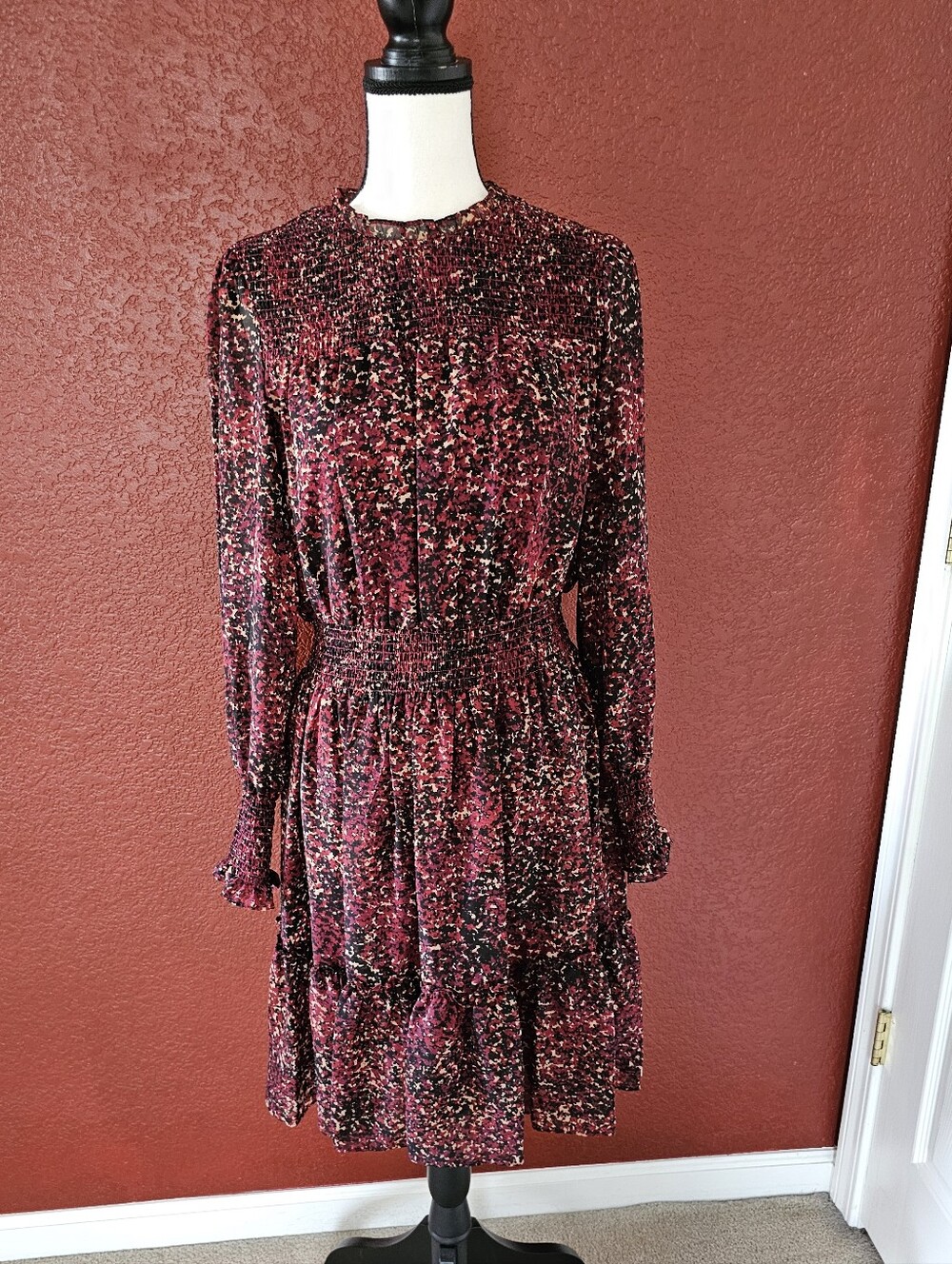 Taylor Burgundy Floral Long-Sleeve Smocked Waist Dress - Picture 2 of 9